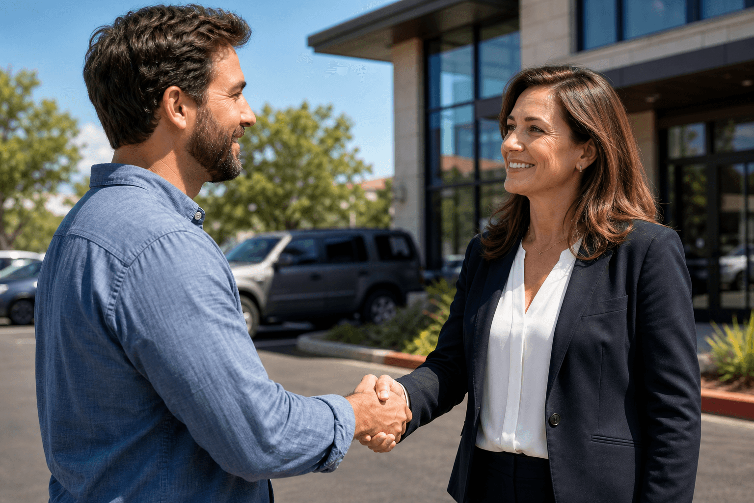 A relieved client shakes hands with their independent appraiser after a successful insurance settlement negotiation.